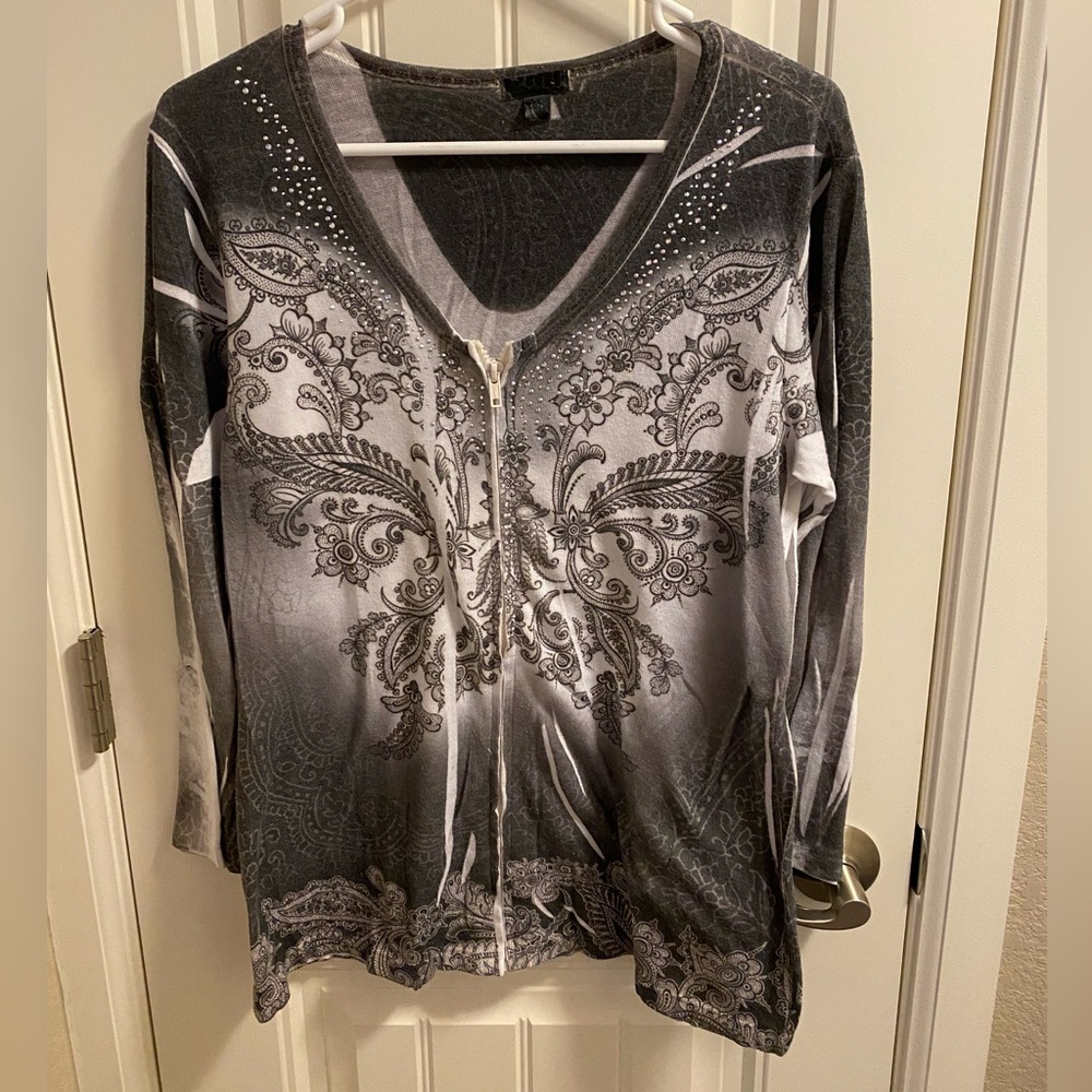DB Sport XL Cardigan Sweater Top Sublimation Zip Front Black White Bling USA